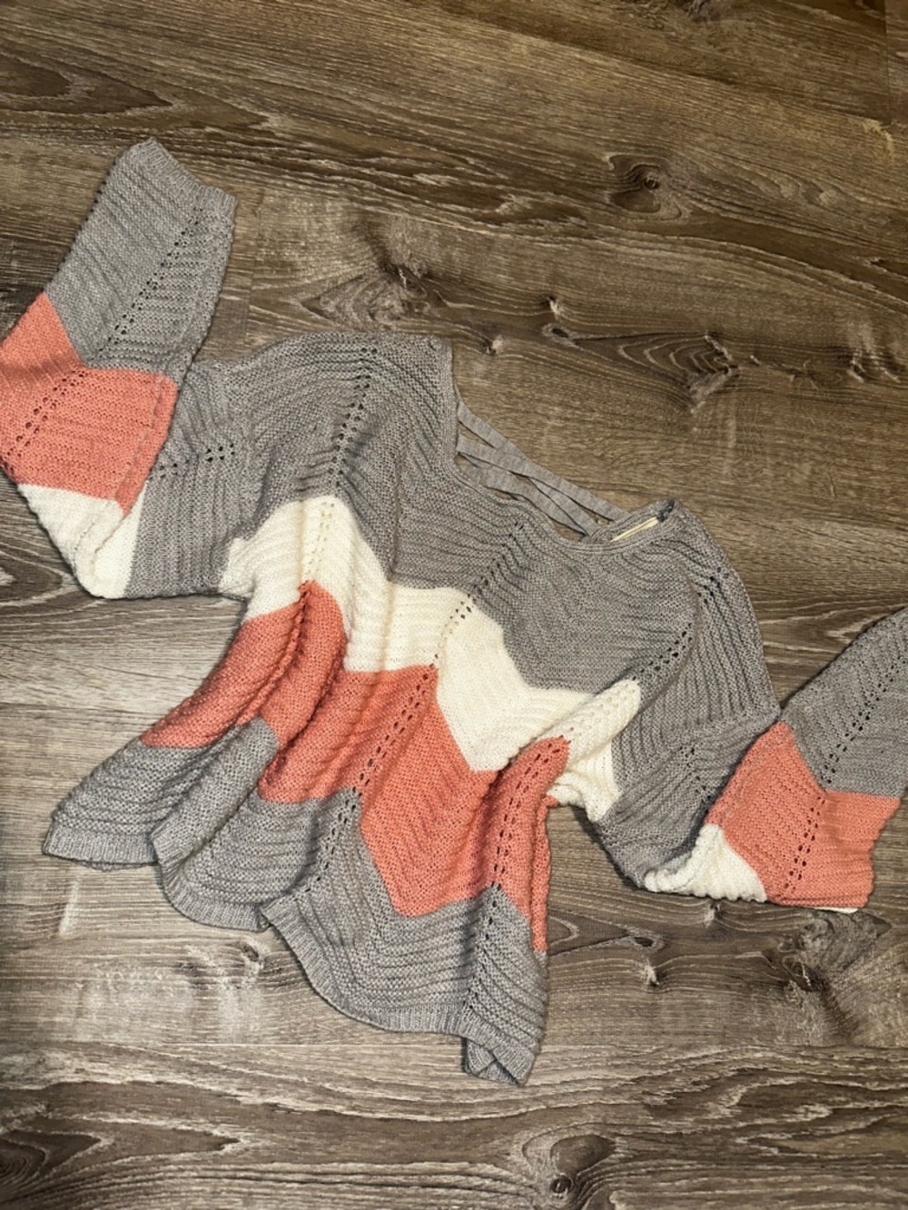 Colorblock Knit Crewneck Sweater in Gray, Cream & Coral